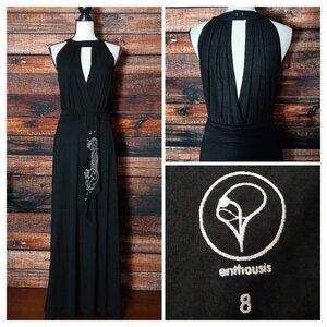 Enthousis Maxi Dress 8 Black Belted Halter Plunge Modal Viscose